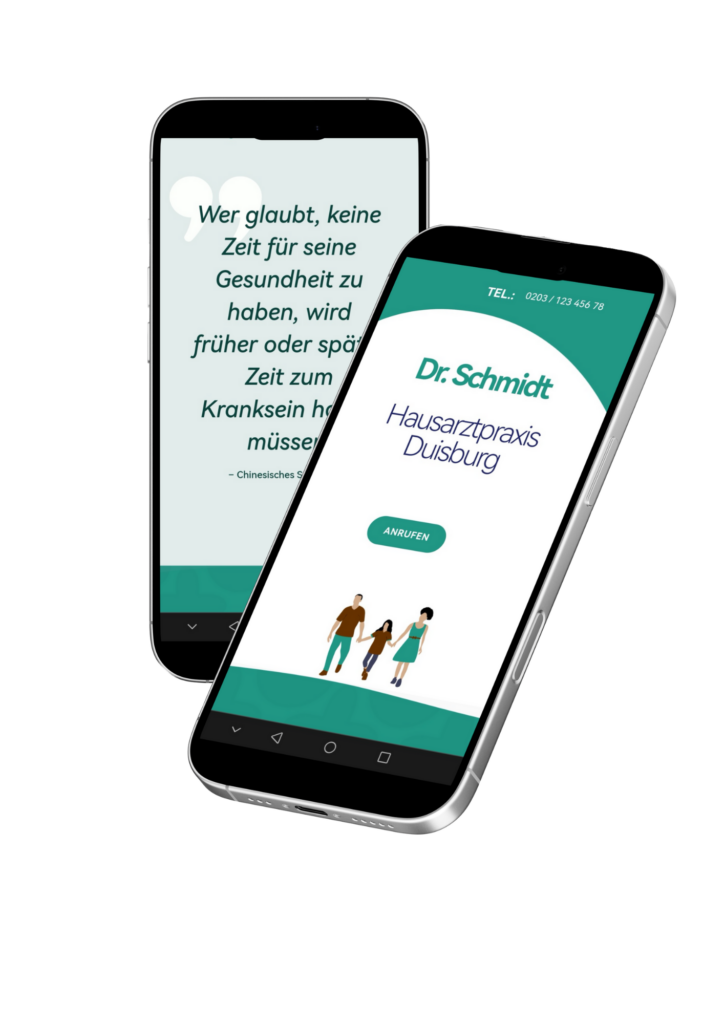 Mockup einer grünen Arztwebseite auf zwei Smartphones