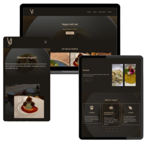 Mockup von einem Kochblog auf Desktop, Tablet und Smartphone