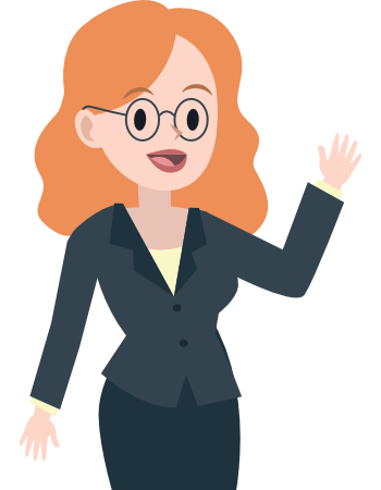 Illustration Frau mit langen roten Haaren, Brille und dunklem Blazer winkt freundlich