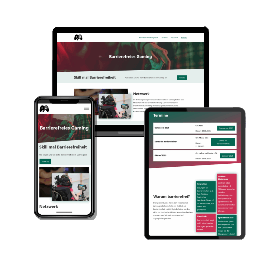 Mockup einer rot-grünen Gaming-Website auf Laptop, Smartphone und Tablet