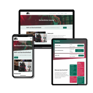 Mockup einer rot-grünen Gaming-Website auf Laptop, Smartphone und Tablet
