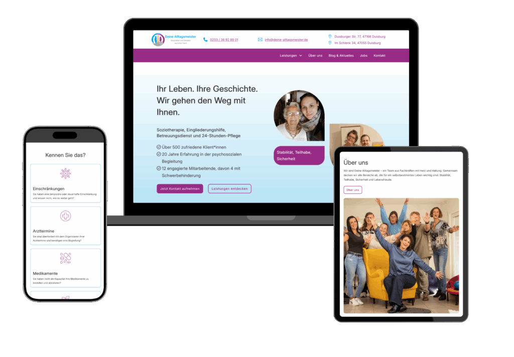 Mockup einer hellblau-lila-weißen Website im auf Laptop, Smartphone und Tablet