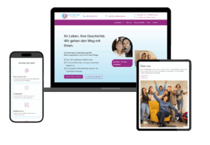 Mockup einer hellblau-lila-weißen Website im auf Laptop, Smartphone und Tablet