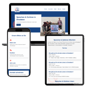 Mockup einer dunkelblau-weißen Website mit roten Akzenten auf Laptop, Smartphone und Tablet
