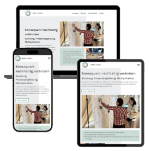 Mockup einer grau-grünen Website im Bento-Layout auf Laptop, Smartphone und Tablet