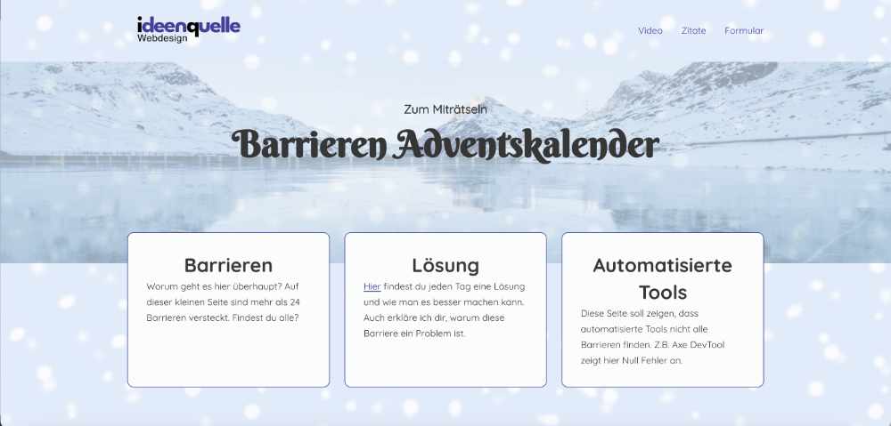 Screenshot Barrieren Adventskalender Seite, Schnee im Hintergrund