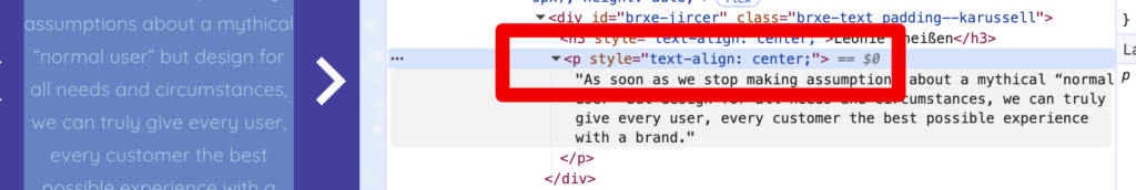 Screenshot und Code von einem englischen Zitat. Markiert ist im Code das p-Element