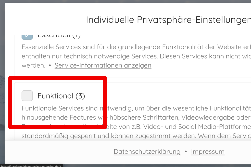 Cookie-Banner, markiert ist die Checkbox "Funktional" mit hellgrauem Rand auf weißem Hintergrund