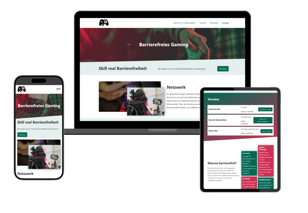Mockup einer rot-grünen Gaming-Website auf Laptop, Smartphone und Tablet