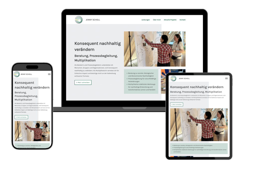 Mockup einer grau-grünen Website im Bento-Layout auf Laptop, Smartphone und Tablet