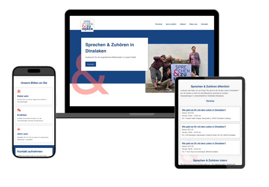 Mockup einer dunkelblau-weißen Website mit roten Akzenten auf Laptop, Smartphone und Tablet