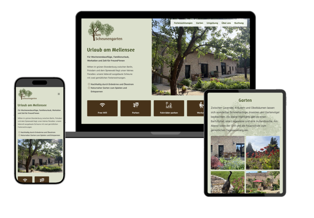 Mockup einer hellgrünen Webseite mit großen Bildern auf Desktop, Tablet, Smartphone
