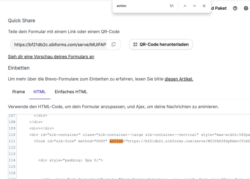 Screenshot einer Website mit viel Code, dabei ist im Code das Wort "action" markiert und oben ist eine Suchmarke mit "action".